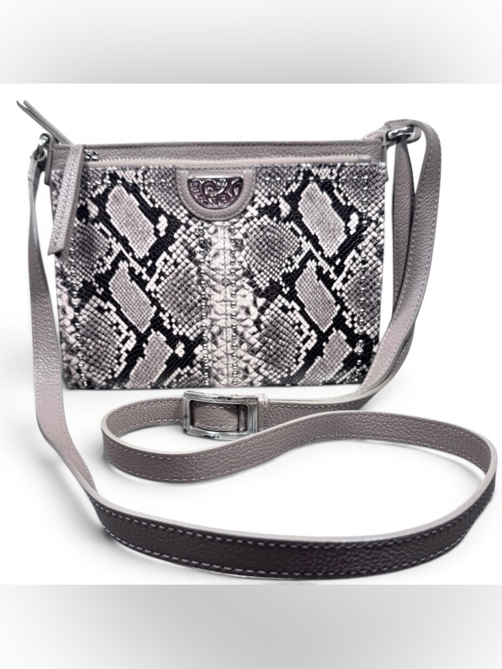 Brighton Pretty Tough Python City Organizer Crossbody Bag Grey Leather T4319F